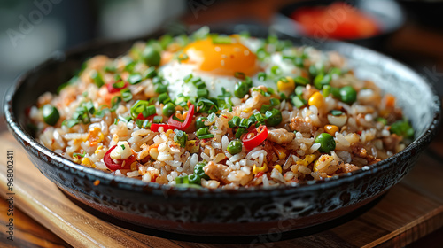 A bowl of rice with an egg on top.