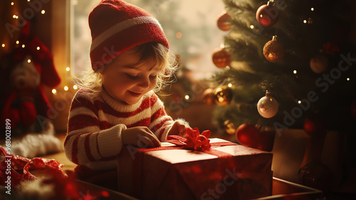 Child's face as they unwrap a gift on Christmas morning