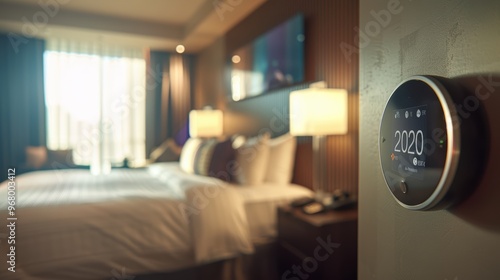 Modern Smart Thermostat in Luxury Hotel Room for Energy Efficiency and Comfort photo