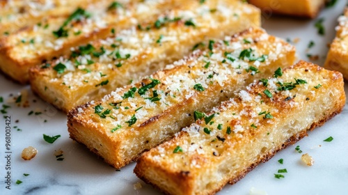 crunchy garlic crouton sticks topped with parmesan on marble surface gourmet snack idea, perfect for a banner