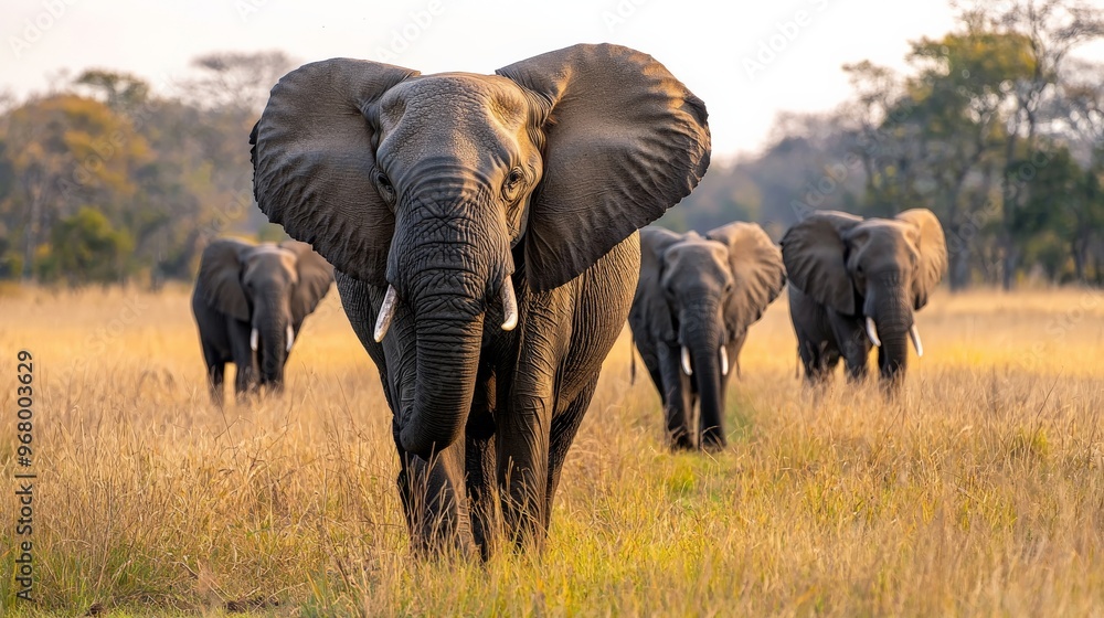 Obraz premium An older elephant leading the herd and consulting on the best paths for migration