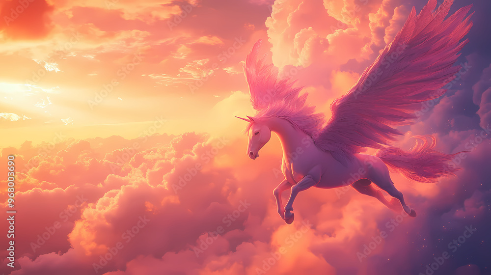 Fototapeta premium Winged pink pegasus, mythical creature from greek mythology, sky at sunset in the clouds. Pegasus. Illustration