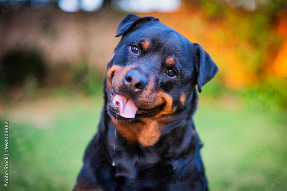 Close-up of a smiling pedigree Rottweiler with a bit of drool dripping from its mouth in a front yard. Captures the dog's playful, candid side, adding charm to its natural expression Close-up of a smiling pedigree Rottweiler with a bit of drool dripping from its mouth in a front yard. Captures the dog's playful, candid side, adding charm to its natural expression