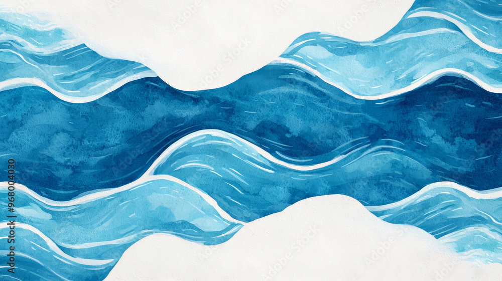 Obraz premium A serene watercolor illustration depicting flowing waves in various shades of blue, perfect for coastal and aquatic themes.