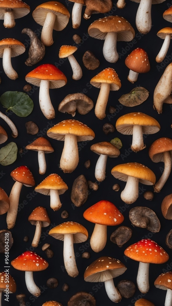 Overhead flat lay view of different varieties of mushroom and fungi. Overhead flat lay view of different varieties of mushroom and fungi.