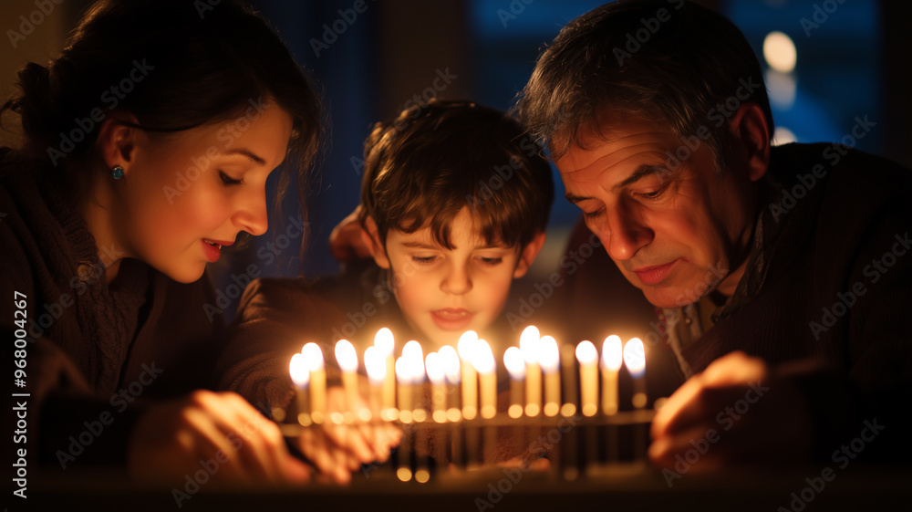 Family gathered around a menorah on the first night of Hanukkah Family gathered around a menorah on the first night of Hanukkah