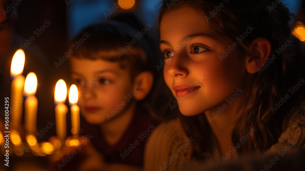 Family gathered around a menorah on the first night of Hanukkah Family gathered around a menorah on the first night of Hanukkah