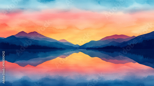 A tranquil watercolor landscape showcasing majestic mountains reflected in a serene lake at sunset with vibrant colors.