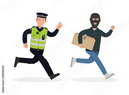 Simple flat British male police man officer vector character chasing criminal. Criminal running with stolen goods.