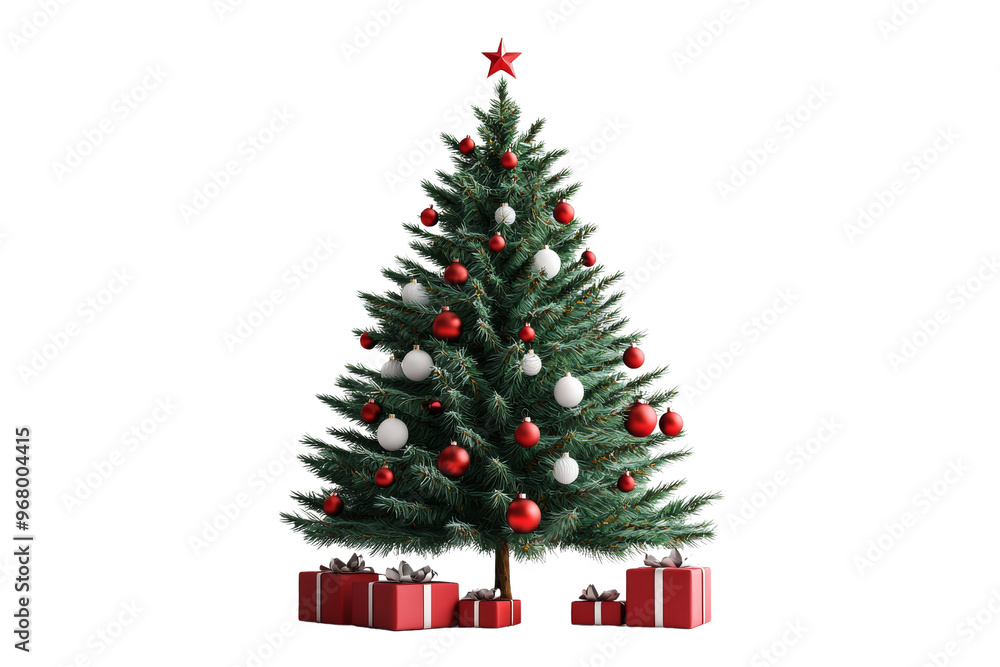 Festive Christmas tree with decorations and gift boxes, isolated on a white background, perfect for holiday celebration themes. isolated PNG transparent background. Festive Christmas tree with decorations and gift boxes, isolated on a white background, perfect for holiday celebration themes. isolated PNG transparent background.