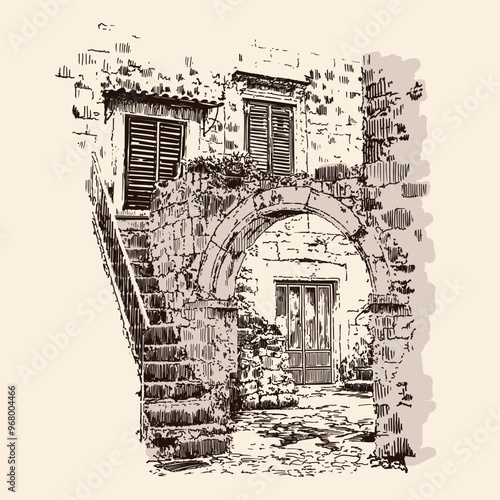 Small courtyard with stone buildings, arch and stairs. Quick free hand sketch.