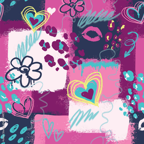Grunge girlish pattern on pink textured background with hearts, kiss lips, sketch elements, flowers, leopard spots. Street art style print. Urban girlish wallpaper  for fashion textile, girl clothes.