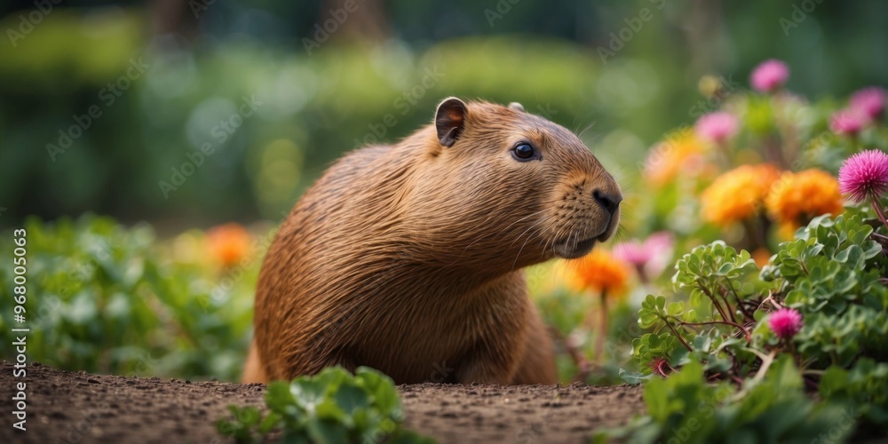 Capybara enjoying greens in a colorful garden. Capybara enjoying greens in a colorful garden.