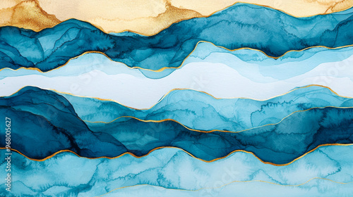 Wallpaper Mural Abstract waves of blue and gold create a tranquil and elegant composition, perfect for modern decor and artistic themes. Torontodigital.ca