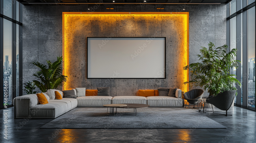 Modern living room with a large blank canvas and a large sectional sofa. Modern living room with a large blank canvas and a large sectional sofa.