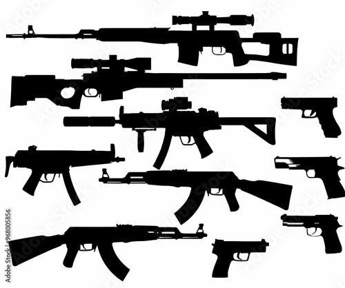 Weapons silhouette set. Collection of various realistic firearms. Isolated assult rifles, sniper rifles, shotguns, handguns, machine guns, historical guns and other. Vector illustration photo