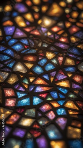 A kaleidoscope of stained glass patterns projected onto a floor from above. photo