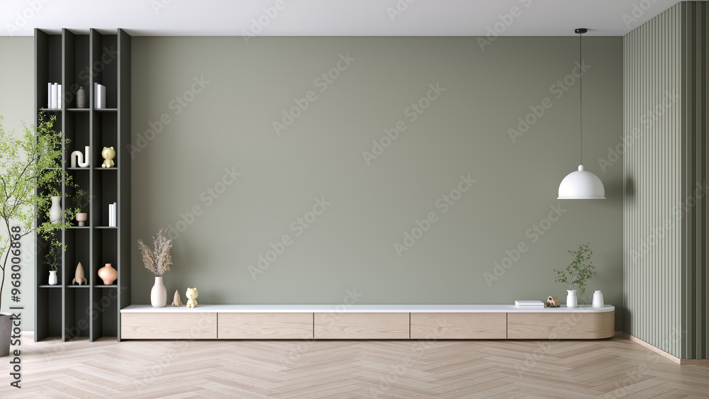 Φωτογραφία TV wall decor ideas for living room ,  a blank dark green wall with Wooden TV cabinet  and bright green background ,