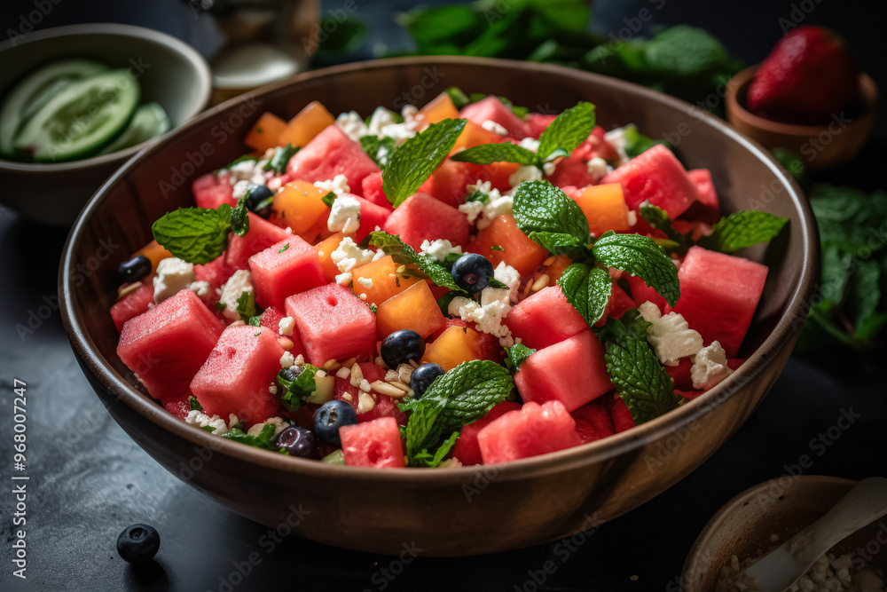 A bowl of watermelon and blueberries with mint leaves A bowl of watermelon and blueberries with mint leaves