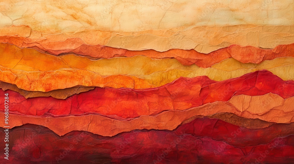abstract landscape in vibrant reds and oranges textured layers evoke geological formations vertical composition handmade paper aesthetic rich warm tones create dramatic emotive atmosphere abstract landscape in vibrant reds and oranges textured layers evoke geological formations vertical composition handmade paper aesthetic rich warm tones create dramatic emotive atmosphere
