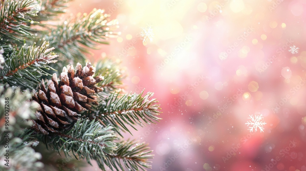 Elegant natural green fir branches with cones placed on one side with snowflakes placed on light Elegant natural green fir branches with cones placed on one side with snowflakes placed on light