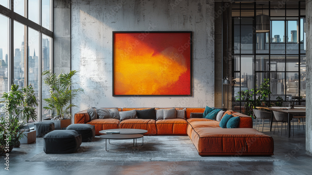 Modern living room with orange sectional sofa and a large abstract painting. Modern living room with orange sectional sofa and a large abstract painting.