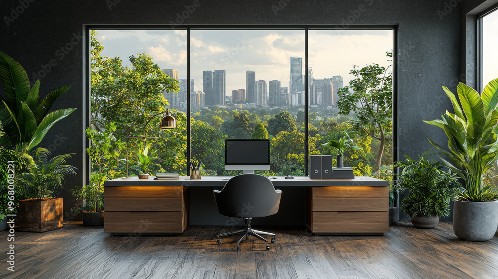 Fototapeta premium Modern office space with a city view.