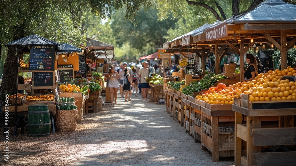 Vibrant outdoor market with fresh produce and lively shoppers. Vibrant outdoor market with fresh produce and lively shoppers.