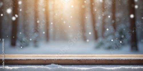 A wooden stage for product display with a snowy scene in the background for copy space.
