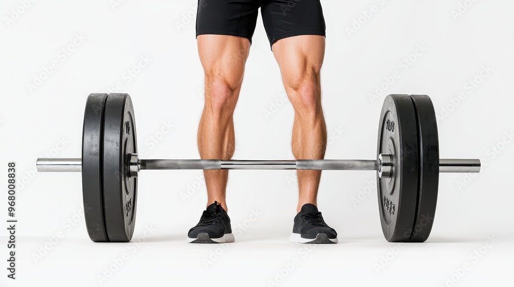 Strong Athlete Showcasing Incredible Strength by effortlessly Lifting a Heavy Barbell with One Hand on Clean White Background. Strong Athlete Showcasing Incredible Strength by effortlessly Lifting a Heavy Barbell with One Hand on Clean White Background.