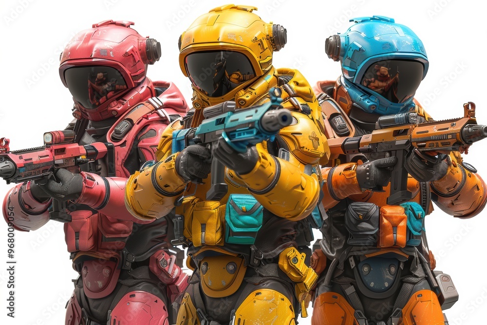 Advanced soldiers in vibrant armor prepare for action amidst a futuristic battlefield Advanced soldiers in vibrant armor prepare for action amidst a futuristic battlefield