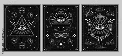 Posters, cards with with all seeing eye, eye of providence in pyramid. Concept of harmony of universe, wisdom, secret knowledge, extended mind. Mystical boho illustration in vintage style.