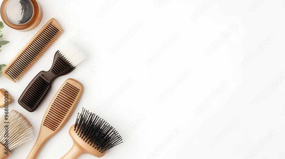 Hairdressing tools with ample copy space, including combs and bleach brushes, arranged on a white background. Presented from a top view and flat lay perspective.