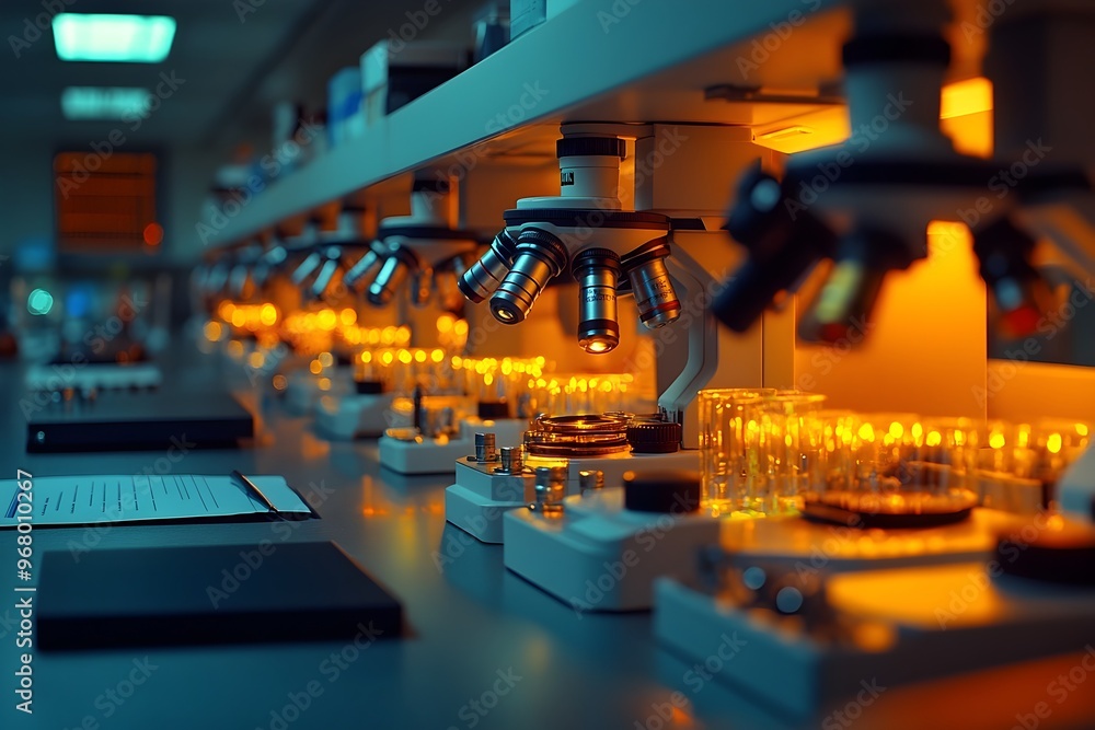 Rows of Microscopes in Sterile University Research Lab Showcasing Meticulous Medical Science Discoveries Rows of Microscopes in Sterile University Research Lab Showcasing Meticulous Medical Science Discoveries