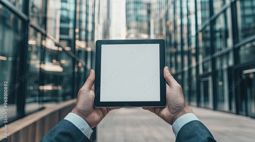 A business professional holding a digital tablet with a blank screen, standing in front of a glass office building. A business professional holding a digital tablet with a blank screen, standing in front of a glass office building.
