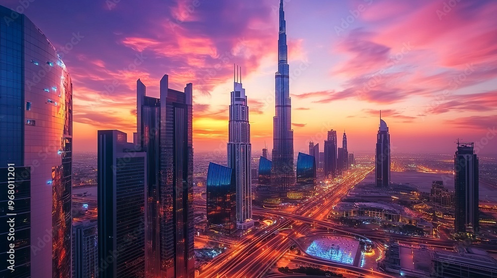 Fototapeta premium Dubai, UAE, February 16, 2022 Sheikh Zayed Road Towers in a beautiful sunset with Emirates Twin towers and Museum of The Future .generative ai