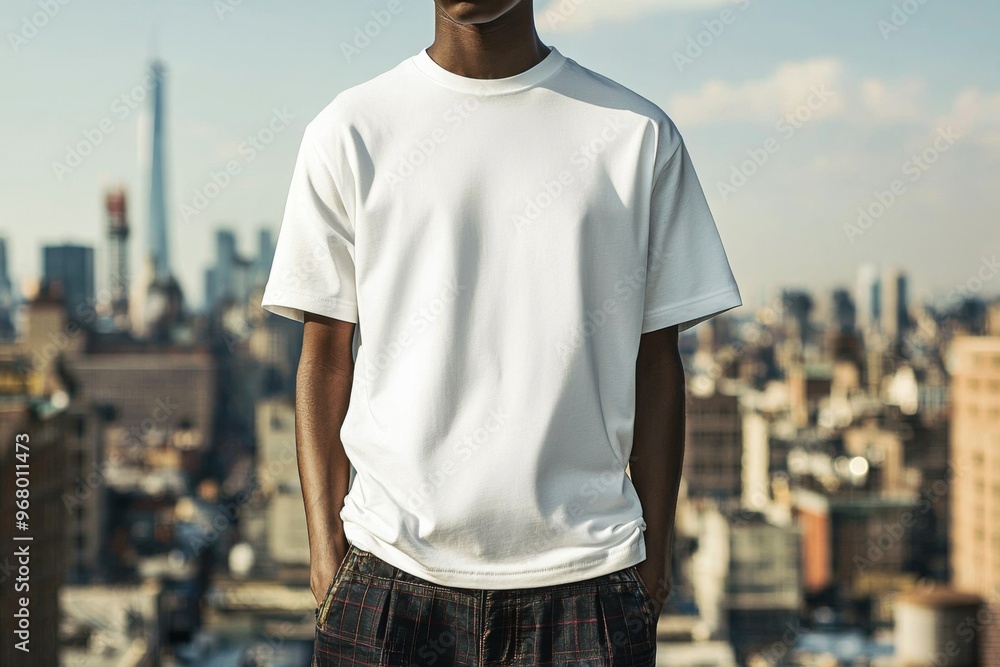 T-shirt worn by a model in an urban street wear style created with Generative AI T-shirt worn by a model in an urban street wear style created with Generative AI