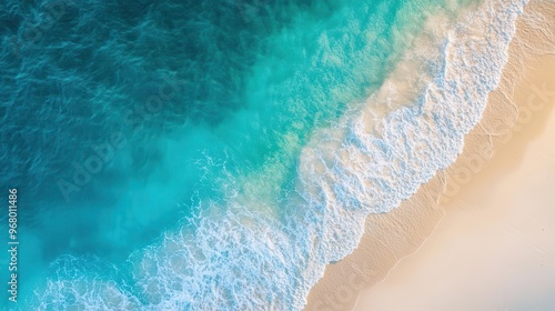 aerial view of crystalclear turquoise ocean waters meeting a pristine white sandy beach gentle waves create mesmerizing patterns on the shoreline