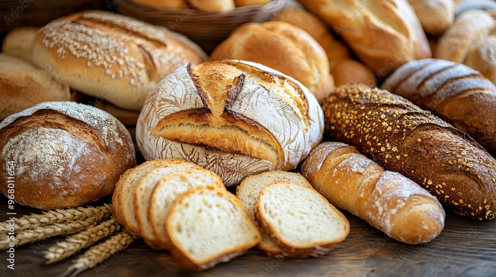 Various breads, freshly baked and aromatic, rest on a table, representing different types of bread. These delicious yeast breads are a healthy food choice, found within bakeries. Various breads, freshly baked and aromatic, rest on a table, representing different types of bread. These delicious yeast breads are a healthy food choice, found within bakeries.