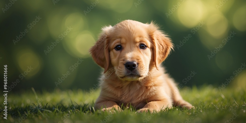 Adorable golden retriever puppy on green background. Adorable golden retriever puppy on green background.