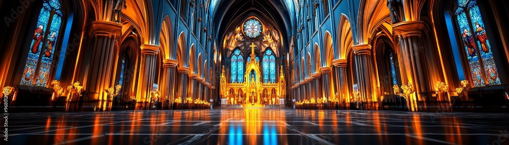 Majestic, grandiose cathedral interior with towering arches, ornate sculptures, and stained glass windows, realistic, awe-inspiring Majestic, grandiose cathedral interior with towering arches, ornate sculptures, and stained glass windows, realistic, awe-inspiring