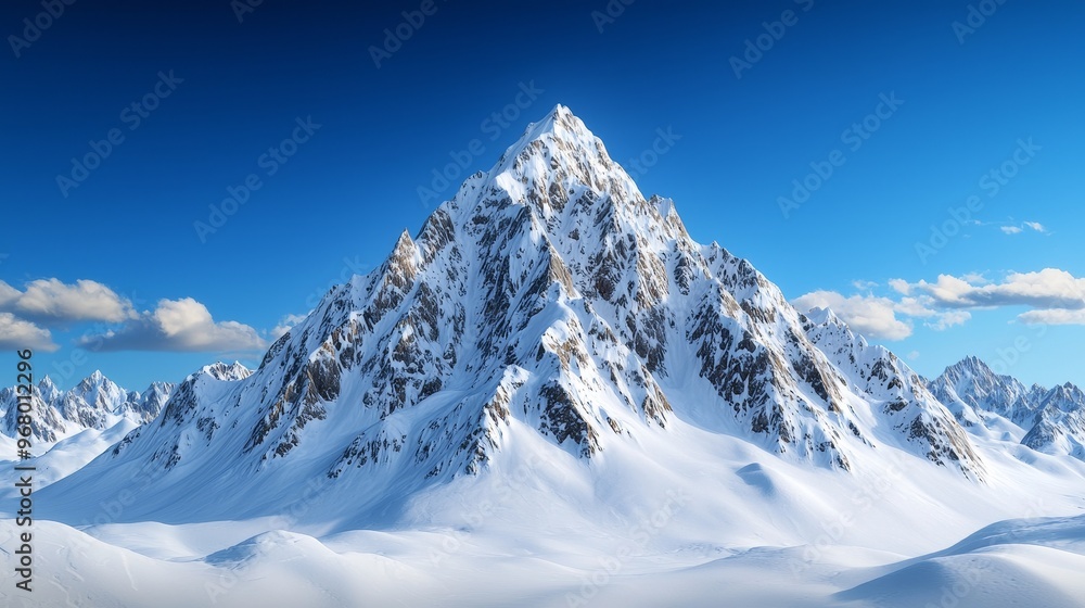 Majestic, snow-covered mountain range under a clear blue sky, realistic, awe-inspiring Majestic, snow-covered mountain range under a clear blue sky, realistic, awe-inspiring