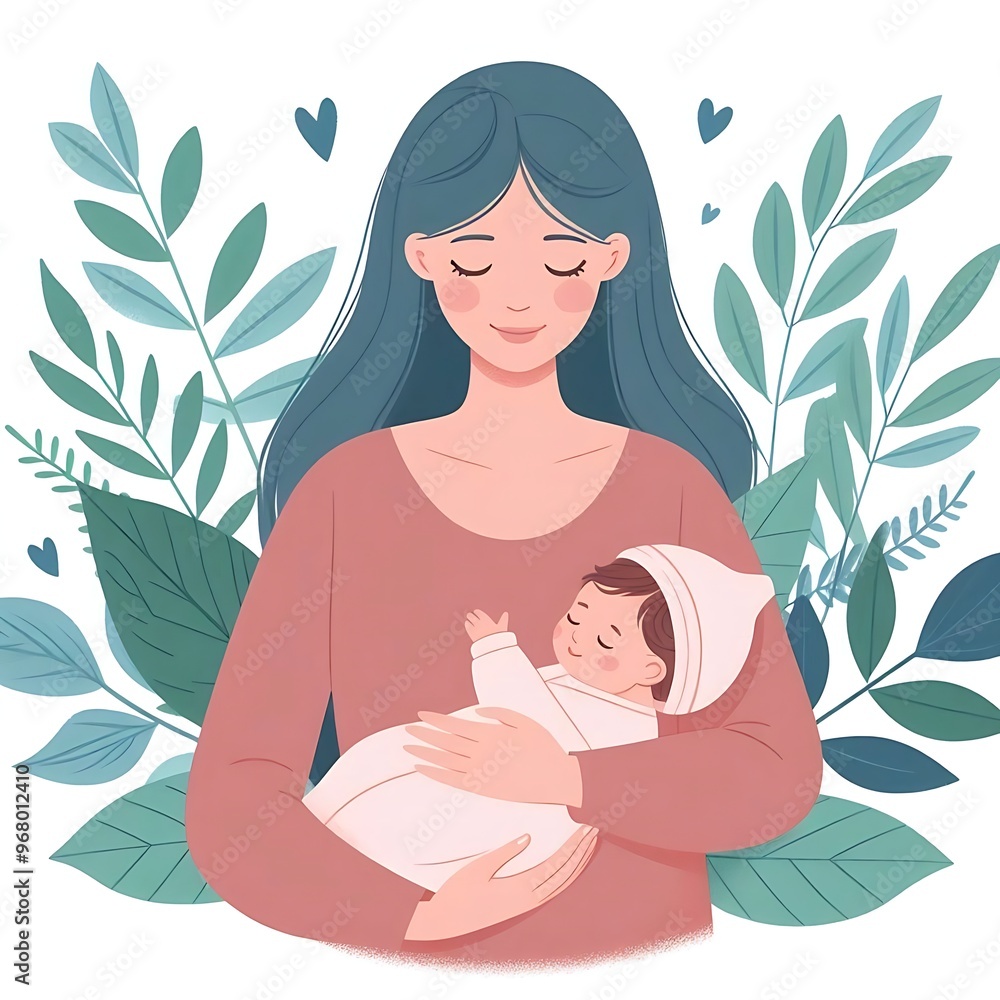 Mother holding newborn baby, flat style illustration, white background, leaves Mother holding newborn baby, flat style illustration, white background, leaves