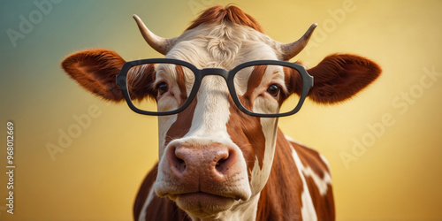 Cow Wearing Glasses on Yellow Background. photo