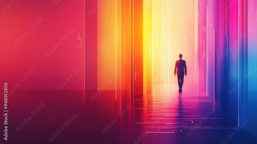 Pathway of Progress: A figure walks along a glowing path with abstract steps shaped like keys, each key leading to a larger and more intricate door