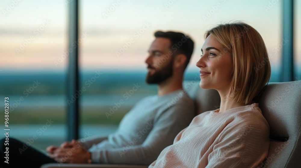Cozy airport lounge scene, travelers resting in plush armchairs, soft lighting illuminating their peaceful expressions, panoramic runway views in the background Cozy airport lounge scene, travelers resting in plush armchairs, soft lighting illuminating their peaceful expressions, panoramic runway views in the background
