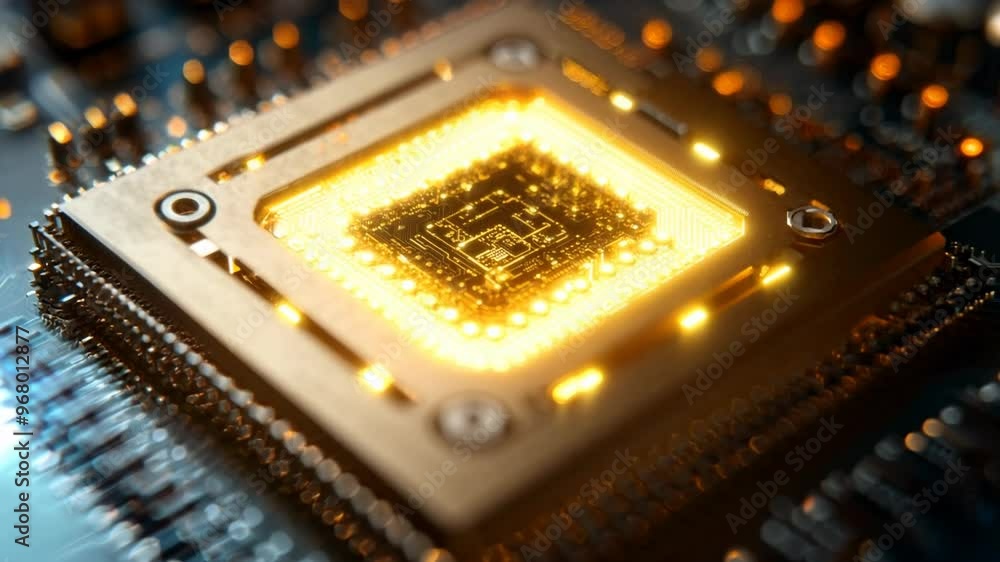 Close-up shot of a CPU on a circuit board, with glowing lights indicating activity. Close-up shot of a CPU on a circuit board, with glowing lights indicating activity.