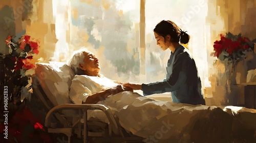 Caregiver Providing Comfort and Support to Elderly Hospice Patient in Warm and Tranquil Environment