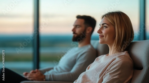 Cozy airport lounge scene, travelers resting in plush armchairs, soft lighting illuminating their peaceful expressions, panoramic runway views in the background