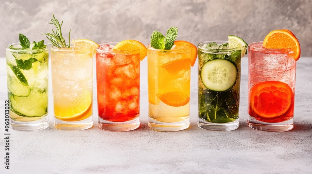 Fototapeta premium banner featuring a variety of detox cocktails in fancy glassware, highlighting the wellness trend of detox drinks and promoting a healthy routine